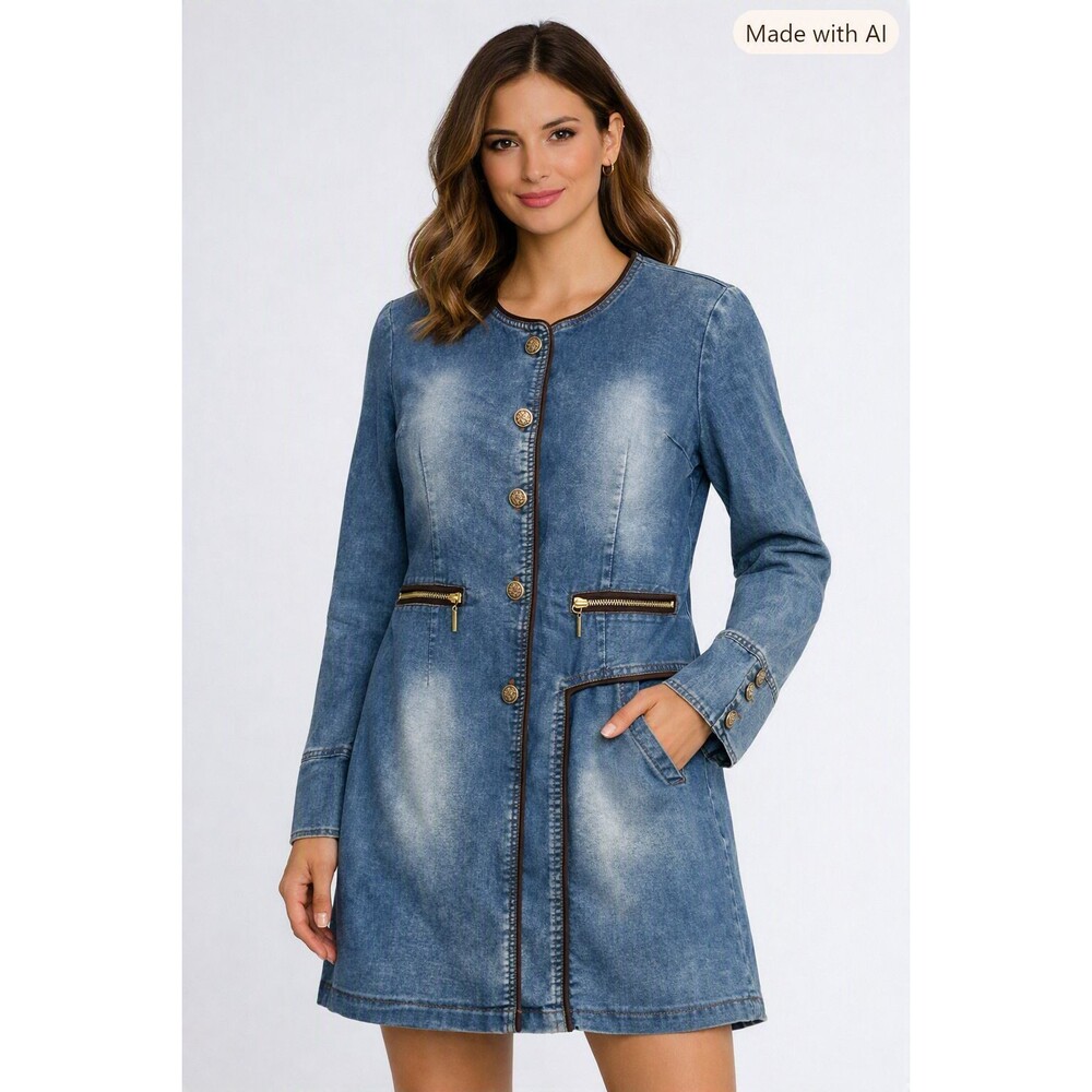 Alice Blue Womens L Long Denim Coat Jacket Washed Blue Gold Buttons Duster